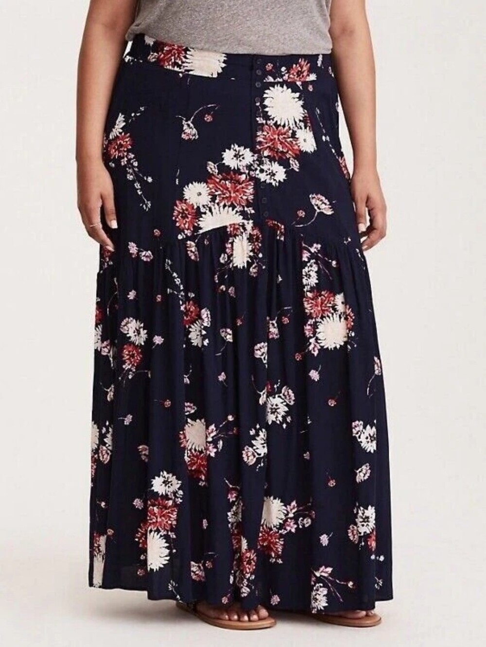 NWT Torrid Navy Floral Button Front Back Zip Stretch Challis Maxi Skirt